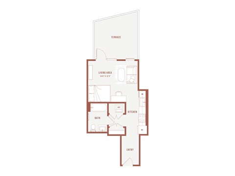 A floor plan of a house with a living area, kitchen, bath, and entry.